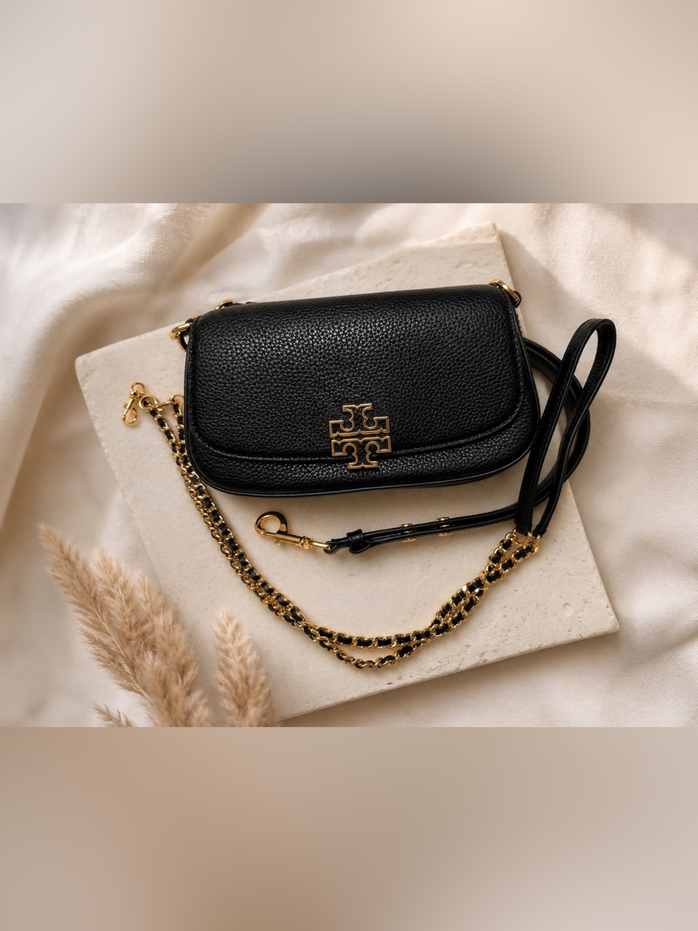 Tory Burch Britten Black Pebbled Leather Crossbody with Gold Logo